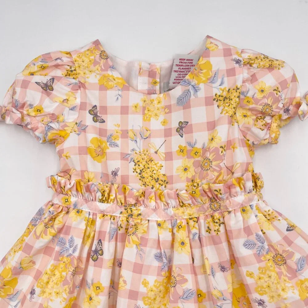 Haute Hippie Dress Gingham Floral Girl Size 2T Pink Yellow White‎ Puffed Sleeve